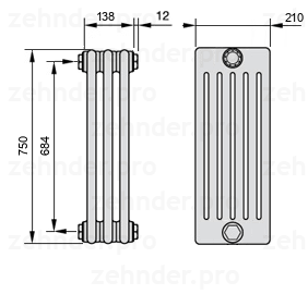 Схема (чертеж) Радиатор Zehnder Charleston 6075/3 №1270 Белый глянцевый RAL 9016